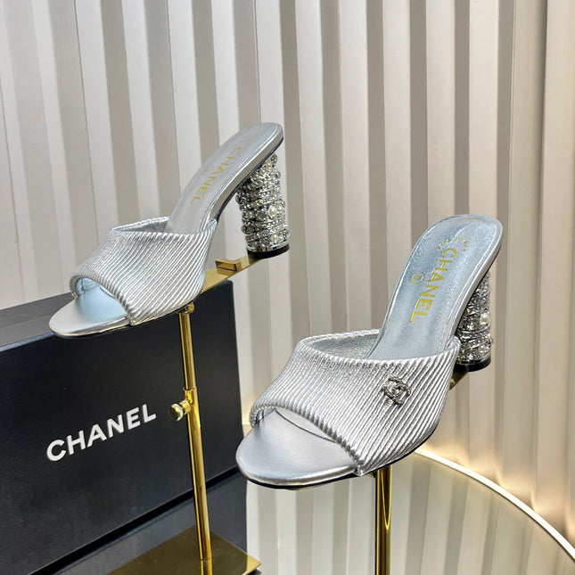 CHANEL 26S EMBELLISHED HEELED SANDALS 80 MM IN SILVER LAMBSKIN