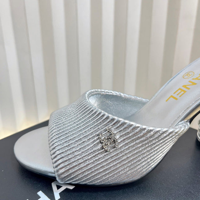 CHANEL 26S EMBELLISHED HEELED SANDALS 80 MM IN SILVER LAMBSKIN