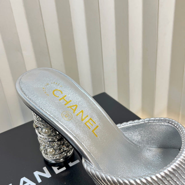 CHANEL 26S EMBELLISHED HEELED SANDALS 80 MM IN SILVER LAMBSKIN