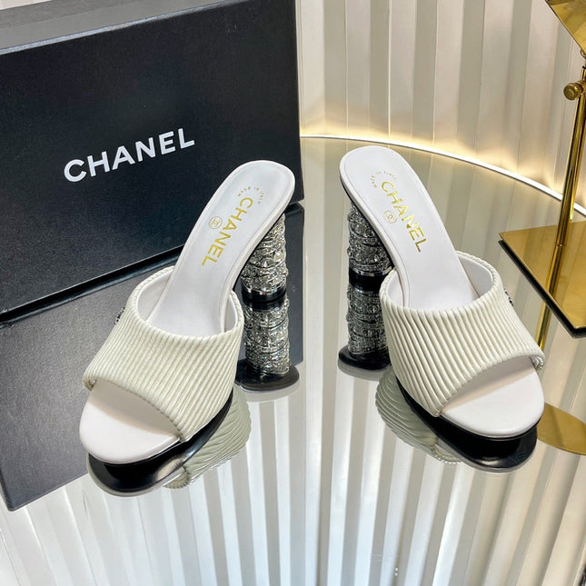 CHANEL 26S EMBELLISHED HEELED SANDALS 80 MM IN WHITE LAMBSKIN