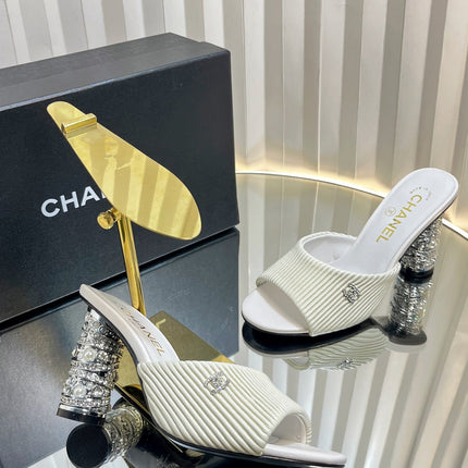 CHANEL 26S EMBELLISHED HEELED SANDALS 80 MM IN WHITE LAMBSKIN