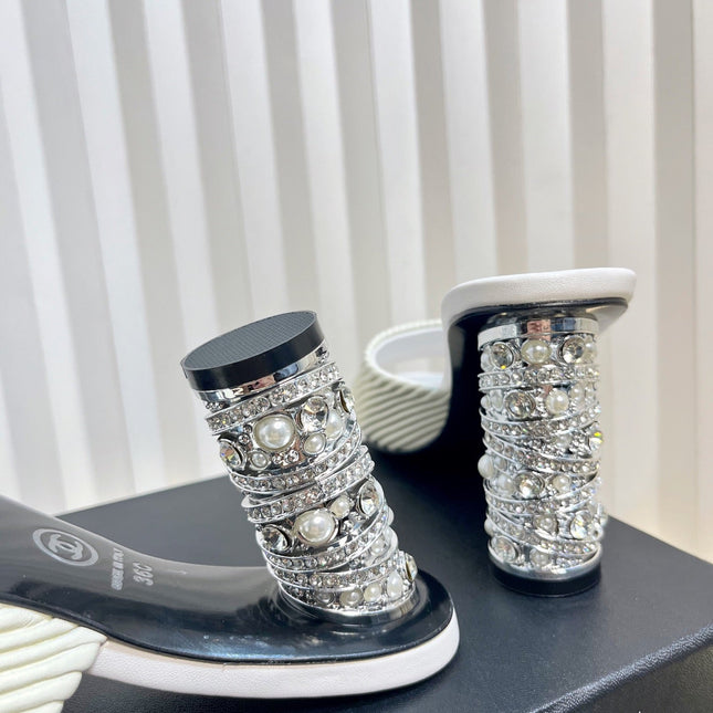 CHANEL 26S EMBELLISHED HEELED SANDALS 80 MM IN WHITE LAMBSKIN