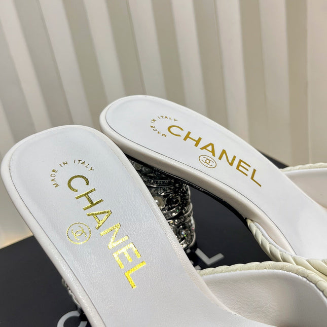 CHANEL 26S EMBELLISHED HEELED SANDALS 80 MM IN WHITE LAMBSKIN