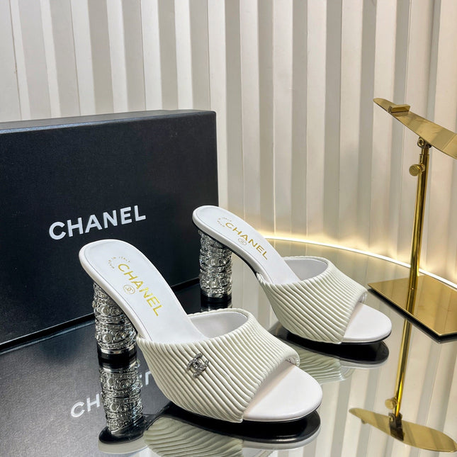 CHANEL 26S EMBELLISHED HEELED SANDALS 80 MM IN WHITE LAMBSKIN