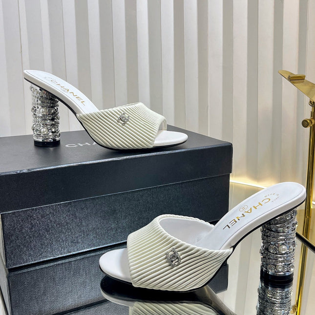 CHANEL 26S EMBELLISHED HEELED SANDALS 80 MM IN WHITE LAMBSKIN