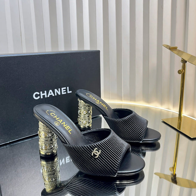 CHANEL 26S EMBELLISHED HEELED SANDALS 80 MM IN BLACK LAMBSKIN