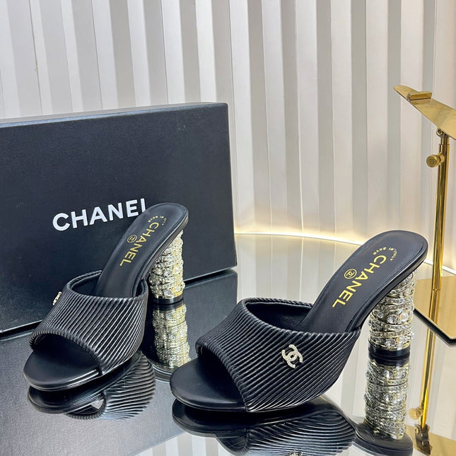 CHANEL 26S EMBELLISHED HEELED SANDALS 80 MM IN BLACK LAMBSKIN