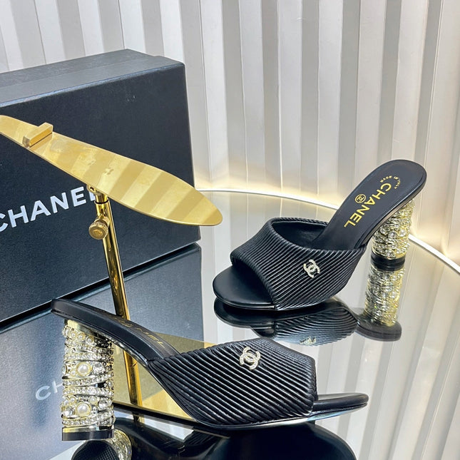 CHANEL 26S EMBELLISHED HEELED SANDALS 80 MM IN BLACK LAMBSKIN