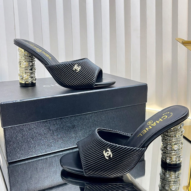 CHANEL 26S EMBELLISHED HEELED SANDALS 80 MM IN BLACK LAMBSKIN