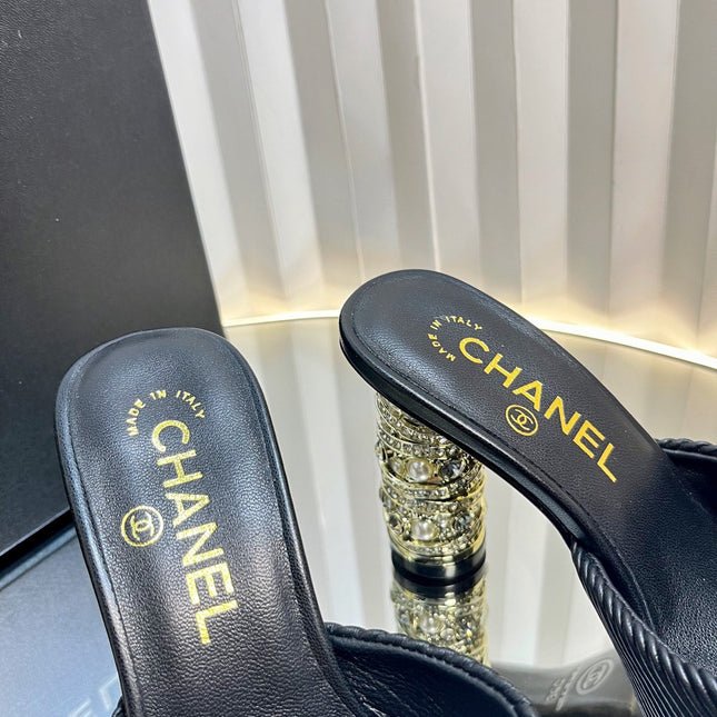 CHANEL 26S EMBELLISHED HEELED SANDALS 80 MM IN BLACK LAMBSKIN