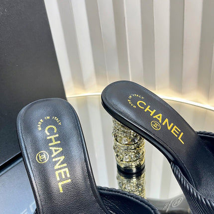 CHANEL 26S EMBELLISHED HEELED SANDALS 80 MM IN BLACK LAMBSKIN