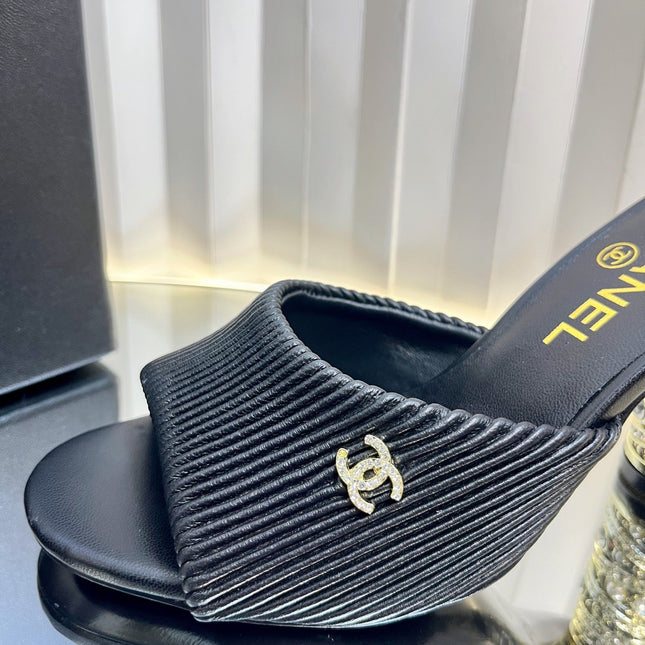 CHANEL 26S EMBELLISHED HEELED SANDALS 80 MM IN BLACK LAMBSKIN