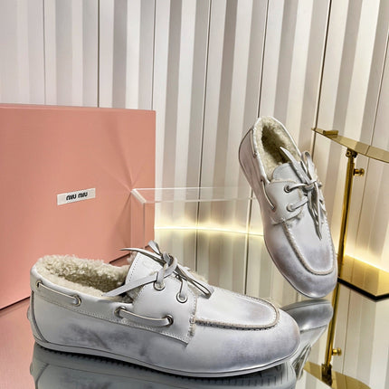 MIUMIU 26S FUR BOAT SHOES IN LIGHT GRAY CALFSKIN