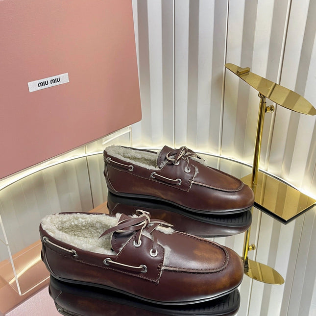 MIUMIU 26S FUR BOAT SHOES IN BROWN CALFSKIN