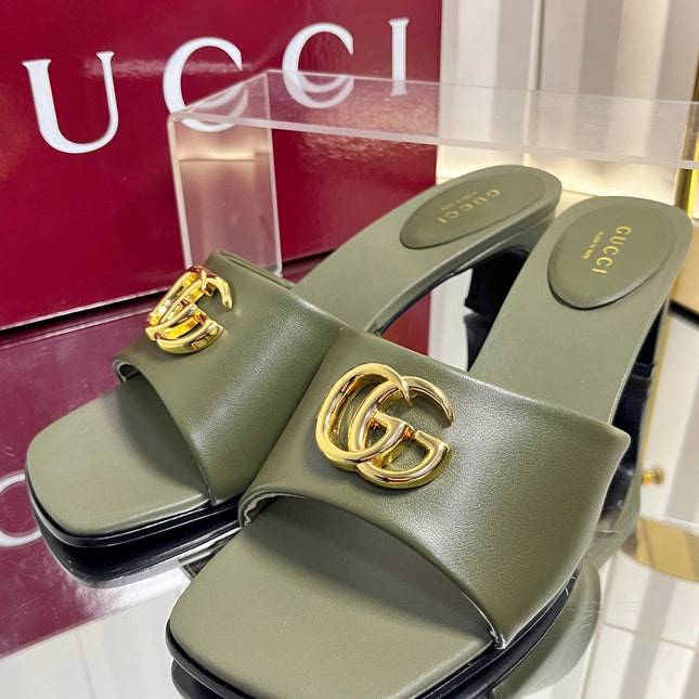 GUCCI 26S HIGH-HEELED SANDALS 45 MM IN MOSS GREEN CALFSKIN