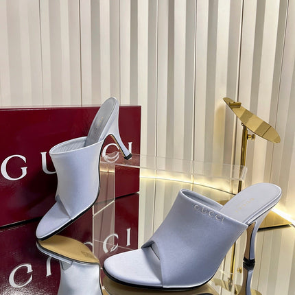 GUCCI 26S HIGH-HEELED SANDALS 100 MM IN GRAYISH BLUE SATIN