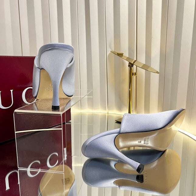 GUCCI 26S HIGH-HEELED SANDALS 100 MM IN GRAYISH BLUE SATIN