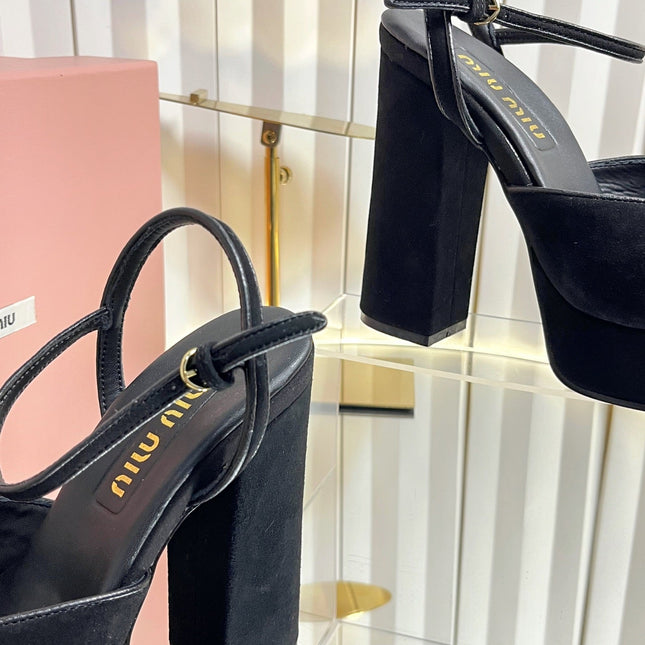 MIUMIU 26S PLATFORM ANKLE STRAP SANDALS 120MM IN BLACK SUEDE WITH BOW