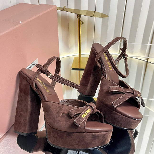 MIUMIU 26S PLATFORM ANKLE STRAP SANDALS 120MM IN DARK BROWN SUEDE WITH BOW