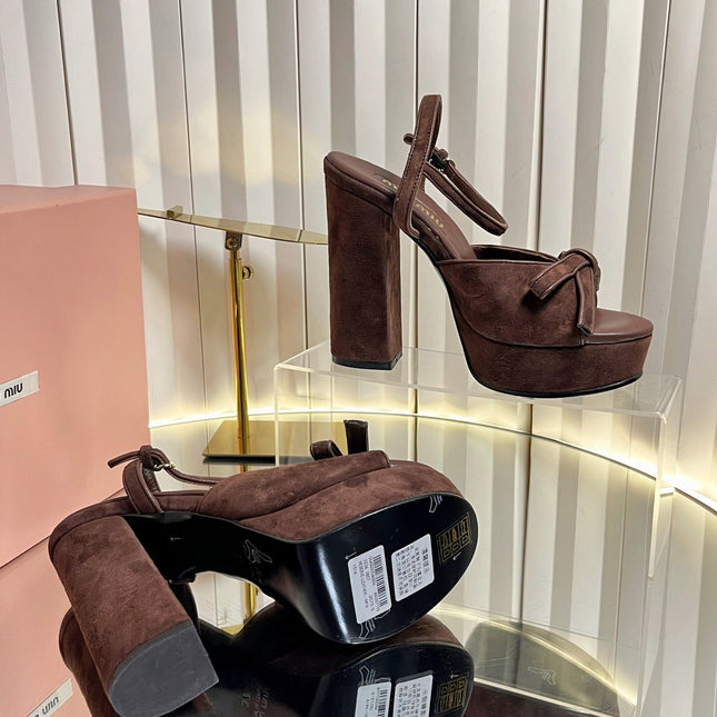 MIUMIU 26S PLATFORM ANKLE STRAP SANDALS 120MM IN DARK BROWN SUEDE WITH BOW