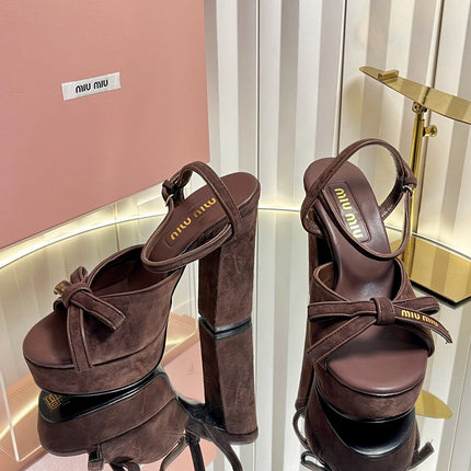 MIUMIU 26S PLATFORM ANKLE STRAP SANDALS 120MM IN DARK BROWN SUEDE WITH BOW