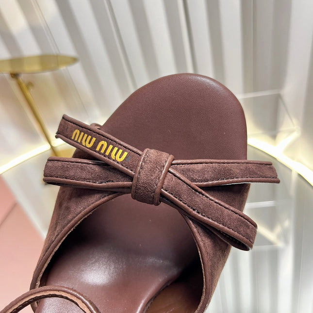MIUMIU 26S PLATFORM ANKLE STRAP SANDALS 120MM IN DARK BROWN SUEDE WITH BOW