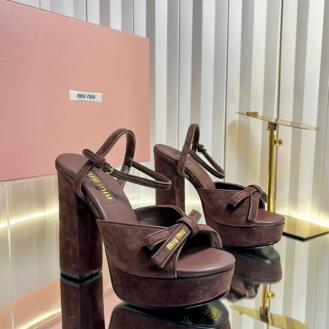 MIUMIU 26S PLATFORM ANKLE STRAP SANDALS 120MM IN DARK BROWN SUEDE WITH BOW