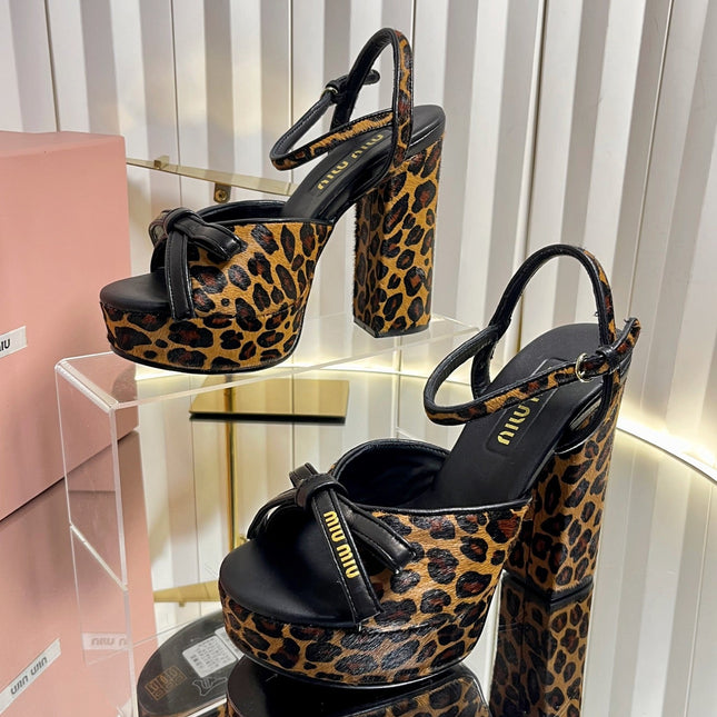 MIUMIU 26S PLATFORM ANKLE STRAP SANDALS 120MM IN LEOPARD PRINT CALF HAIR WITH BOW
