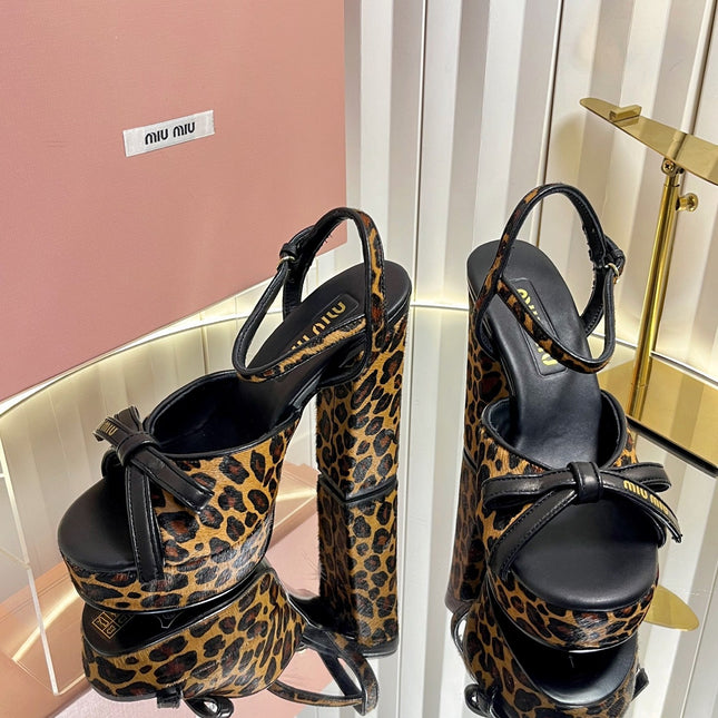 MIUMIU 26S PLATFORM ANKLE STRAP SANDALS 120MM IN LEOPARD PRINT CALF HAIR WITH BOW