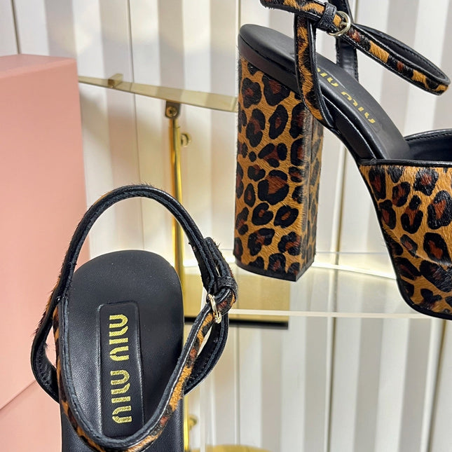 MIUMIU 26S PLATFORM ANKLE STRAP SANDALS 120MM IN LEOPARD PRINT CALF HAIR WITH BOW
