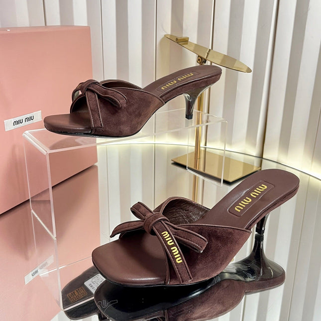 MIUMIU 26S MULE SANDALS 55MM IN DARK BROWN SUEDE WITH BOW