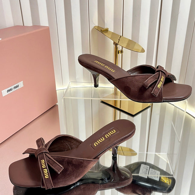 MIUMIU 26S MULE SANDALS 55MM IN DARK BROWN SUEDE WITH BOW