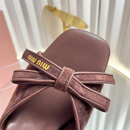 MIUMIU 26S MULE SANDALS 55MM IN DARK BROWN SUEDE WITH BOW