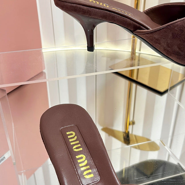MIUMIU 26S MULE SANDALS 55MM IN DARK BROWN SUEDE WITH BOW