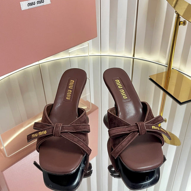 MIUMIU 26S MULE SANDALS 55MM IN DARK BROWN SUEDE WITH BOW