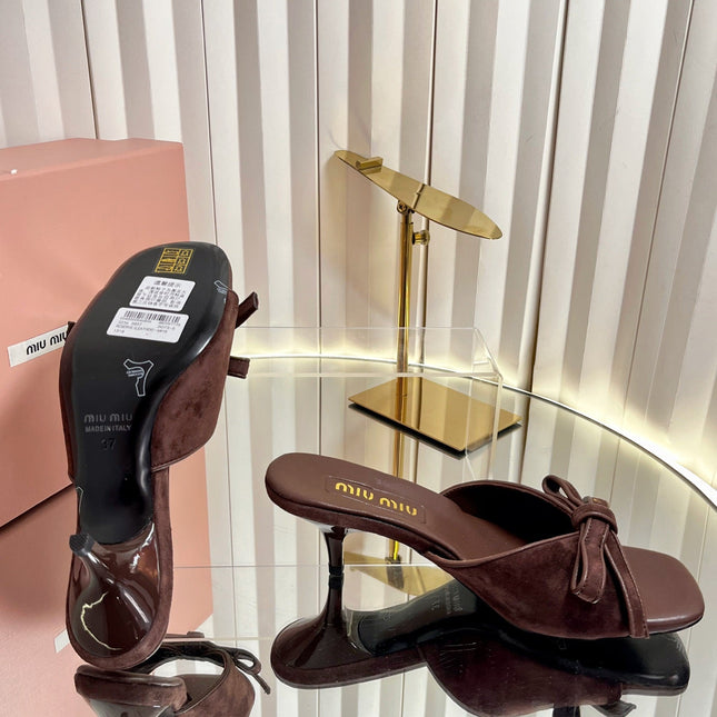 MIUMIU 26S MULE SANDALS 55MM IN DARK BROWN SUEDE WITH BOW