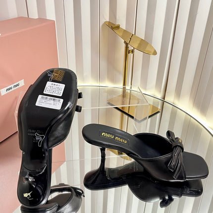 MIUMIU 26S MULE SANDALS 55MM IN BLACK CALFSKIN WITH BOW