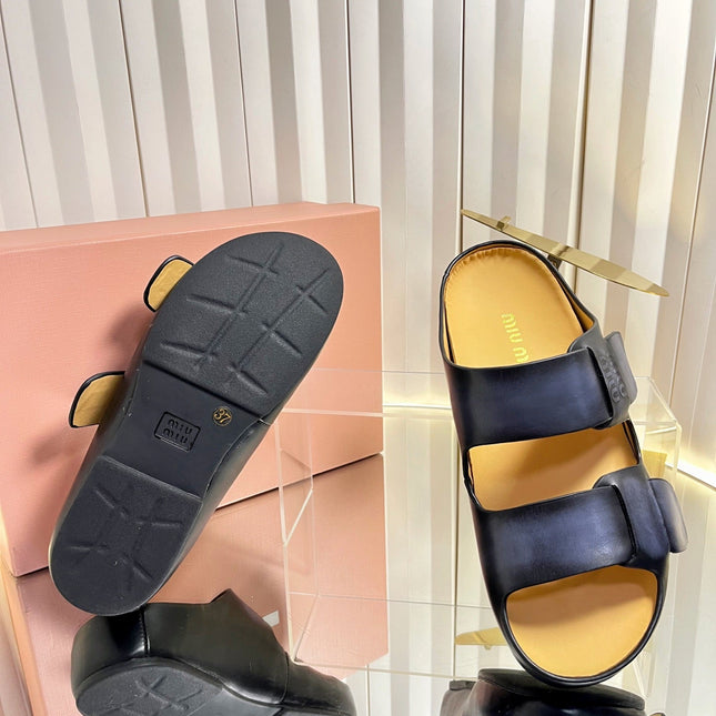 MIUMIU 26S DOUBLE-STRAP SLIDES IN BLACK CALFSKIN