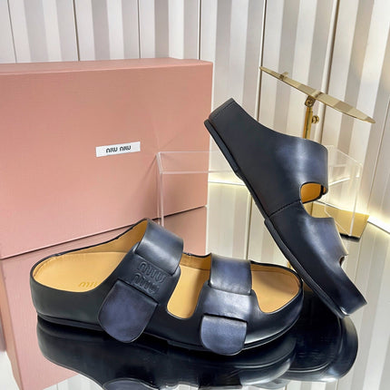 MIUMIU 26S DOUBLE-STRAP SLIDES IN BLACK CALFSKIN