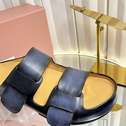 MIUMIU 26S DOUBLE-STRAP SLIDES IN BLACK CALFSKIN
