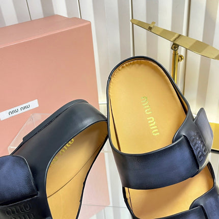 MIUMIU 26S DOUBLE-STRAP SLIDES IN BLACK CALFSKIN