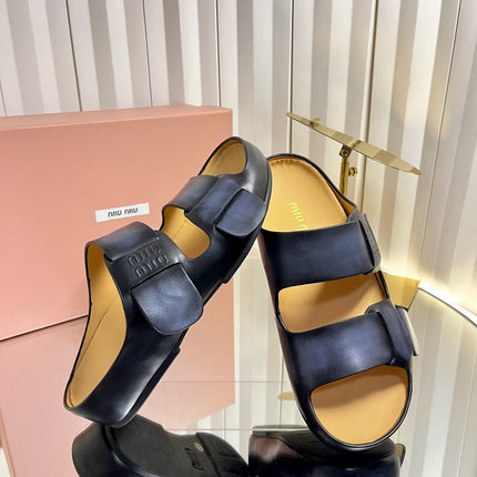 MIUMIU 26S DOUBLE-STRAP SLIDES IN BLACK CALFSKIN