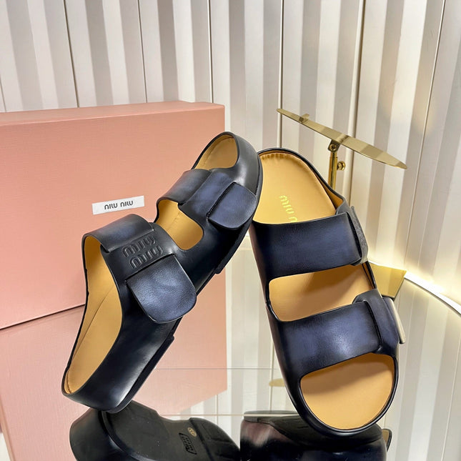 MIUMIU 26S DOUBLE-STRAP SLIDES IN BLACK CALFSKIN