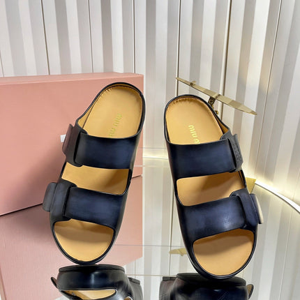 MIUMIU 26S DOUBLE-STRAP SLIDES IN BLACK CALFSKIN