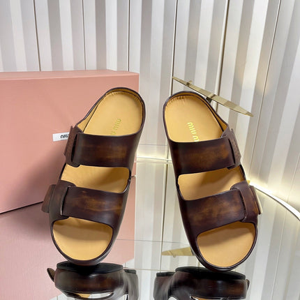 MIUMIU 26S DOUBLE-STRAP SLIDES IN CARAMEL BROWN CALFSKIN