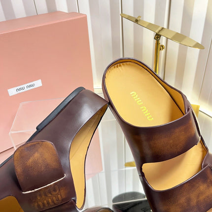 MIUMIU 26S DOUBLE-STRAP SLIDES IN CARAMEL BROWN CALFSKIN
