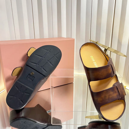 MIUMIU 26S DOUBLE-STRAP SLIDES IN CARAMEL BROWN CALFSKIN
