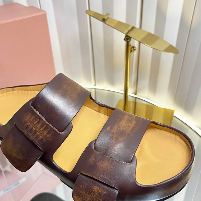 MIUMIU 26S DOUBLE-STRAP SLIDES IN CARAMEL BROWN CALFSKIN