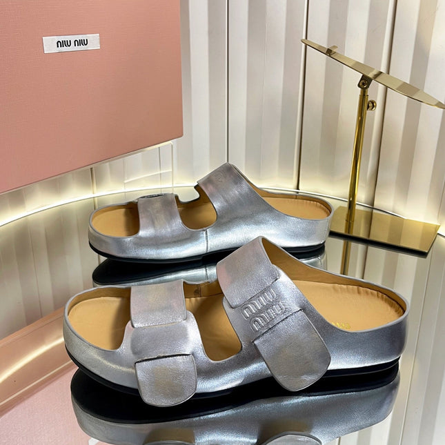 MIUMIU 26S DOUBLE-STRAP SLIDES IN SILVER CALFSKIN