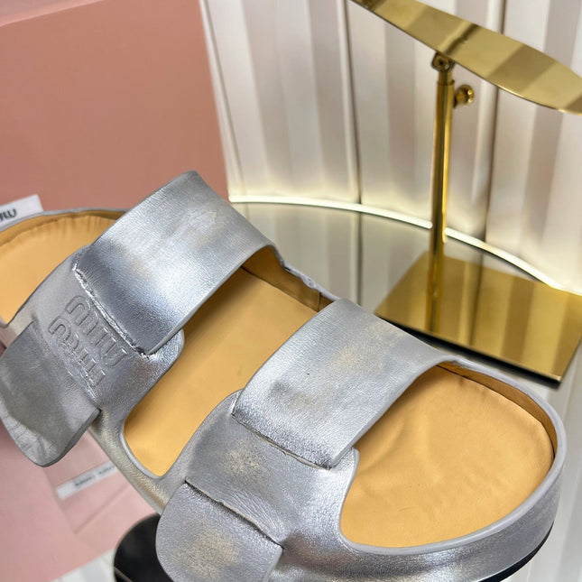 MIUMIU 26S DOUBLE-STRAP SLIDES IN SILVER CALFSKIN